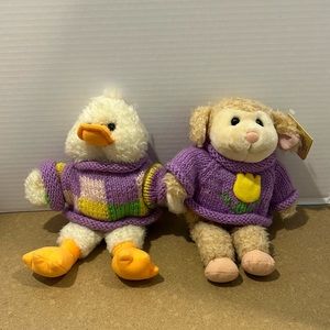 VTG Keepsake Kritters Easter Duck & Lamb Stuffed Animals in Sweaters
